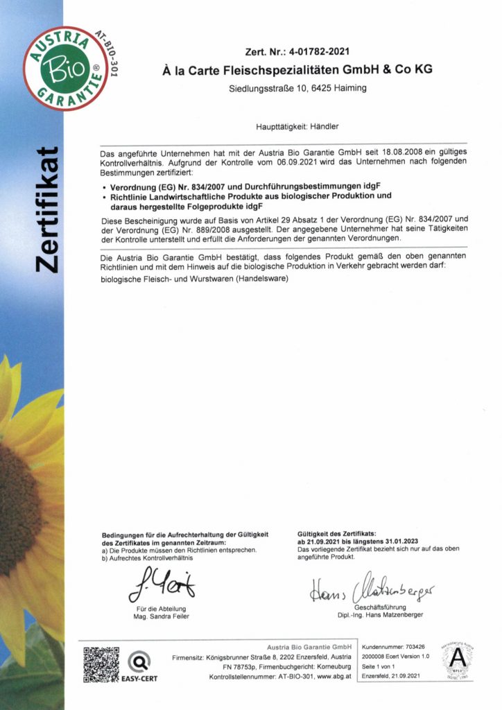 Zertifikat Bio Austria